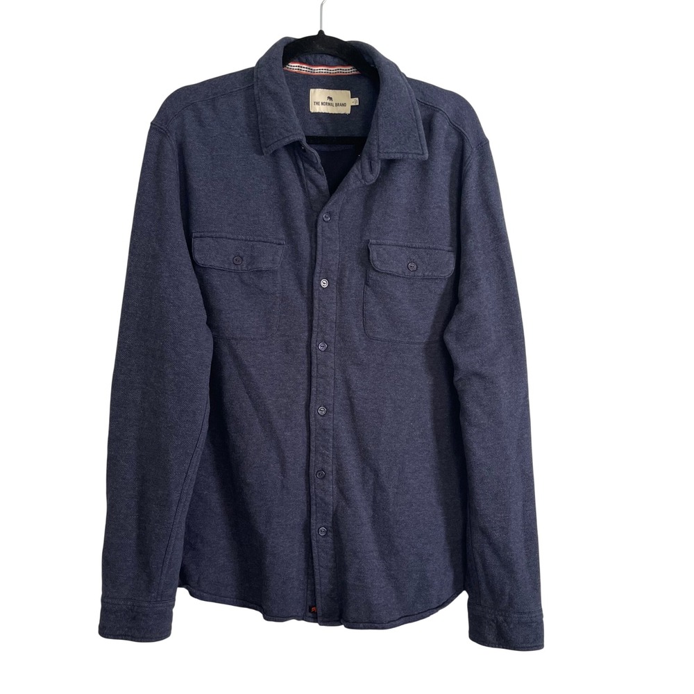 The Normal Brand Mens Blue Knit Button Down Shirt Large Cotton French Terry L